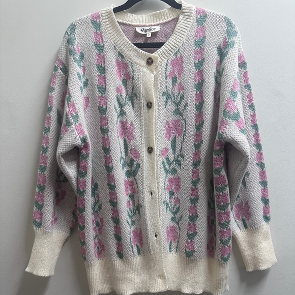 Floral Knit Cardigan Sweater • Cream Pink Green • Cozy Soft Long Sleeve Vintage - Picture 4 of 5
